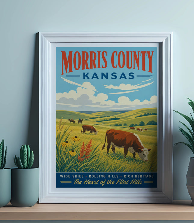 Morris County Kansas vintage travel poster with cows and text.