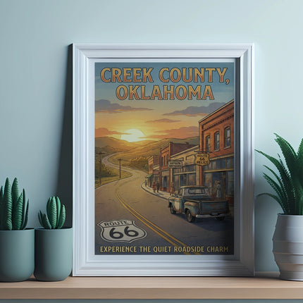 Creek County, Oklahoma Route 66 poster with vintage truck and sunset.