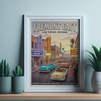 Fremont East Las Vegas poster with vintage cars and neon signs.