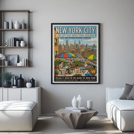 New York City poster depicting people reading on outdoor terraces.