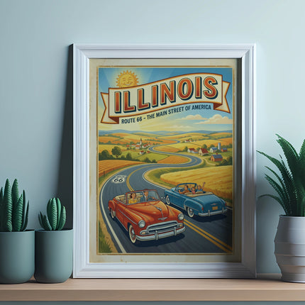 Vintage Illinois Route 66 poster with two classic cars driving on a highway.
