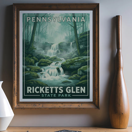 Ricketts Glen State Park Pennsylvania waterfall landscape poster in a frame.