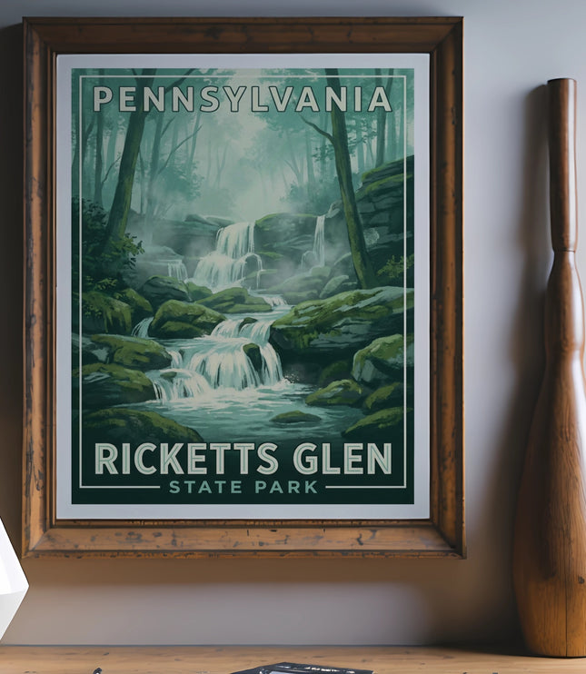 Ricketts Glen State Park Pennsylvania waterfall landscape poster in a frame.