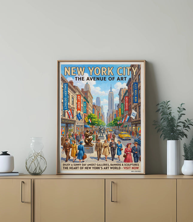 Vintage New York City poster depicting the Avenue of Art with people and businesses.