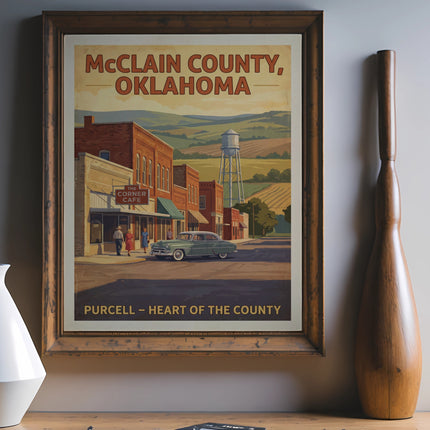 Vintage travel poster of McClain County, Oklahoma, featuring Purcell and a classic car.