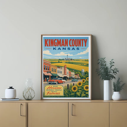 Retro travel poster for Kingman County, Kansas, featuring a street scene and sunflowers.
