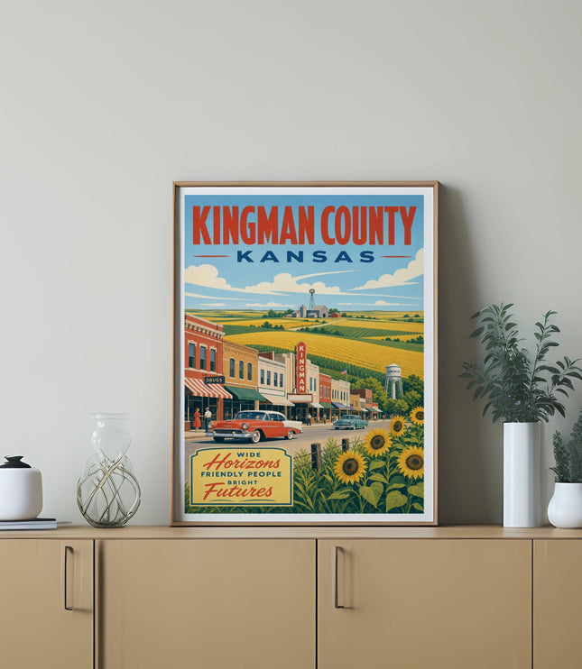 Retro travel poster for Kingman County, Kansas, featuring a street scene and sunflowers.