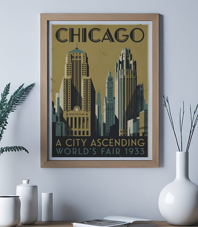 Framed vintage poster of Chicago skyline, "A City Ascending, World's Fair 1933."