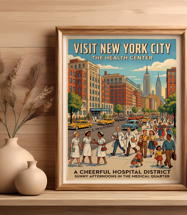Vintage New York City poster depicts a bustling street with hospitals, doctors, nurses, and diverse pedestrians.