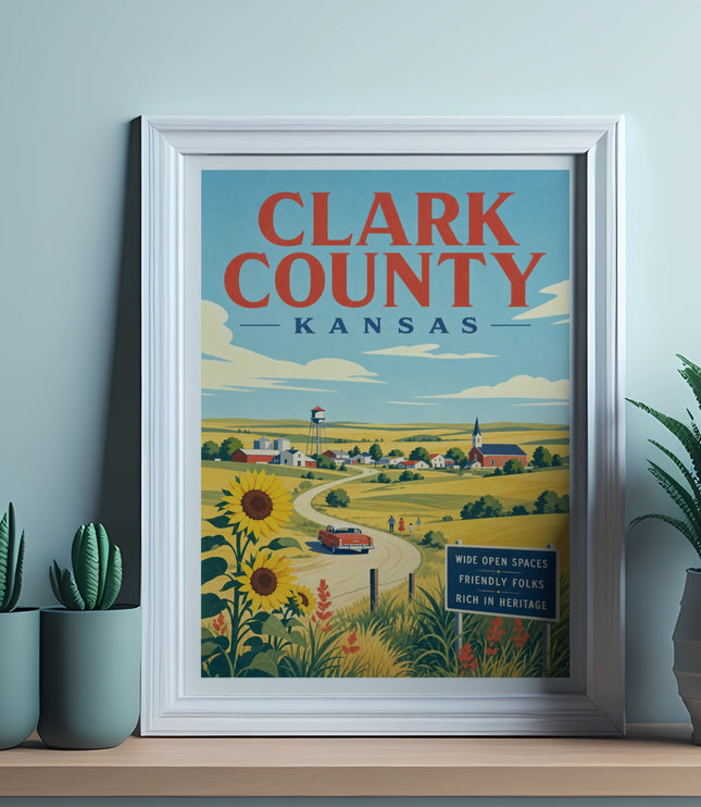 Vintage Clark County Kansas travel poster with sunflowers, farm, and town.