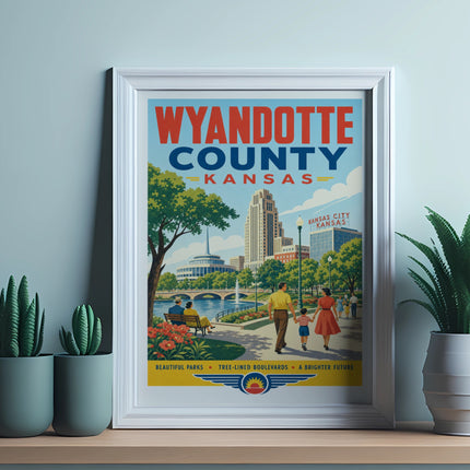 Wyandotte County, Kansas poster with city skyline and text.