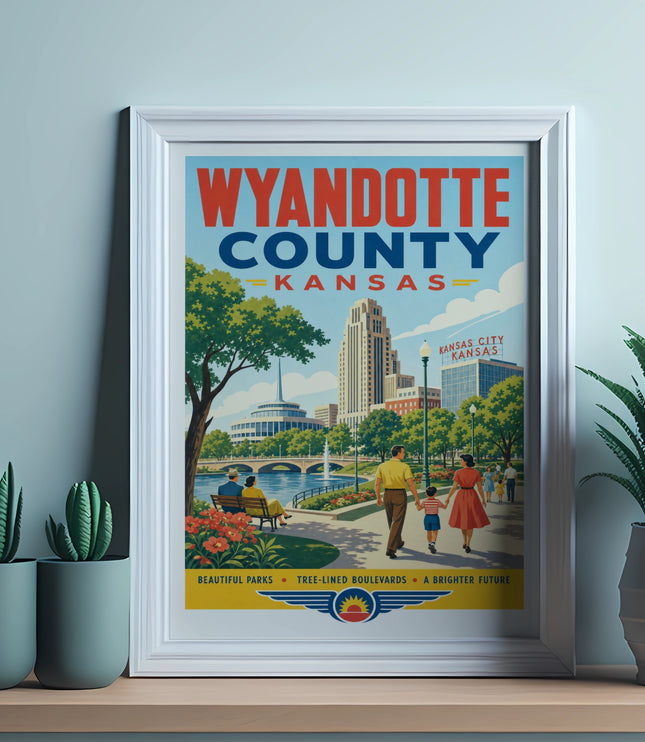 Wyandotte County, Kansas poster with city skyline and text.