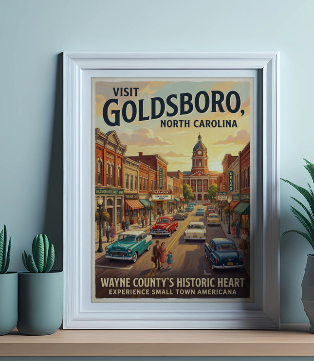 Visit Goldsboro, North Carolina vintage travel poster showing historic downtown.