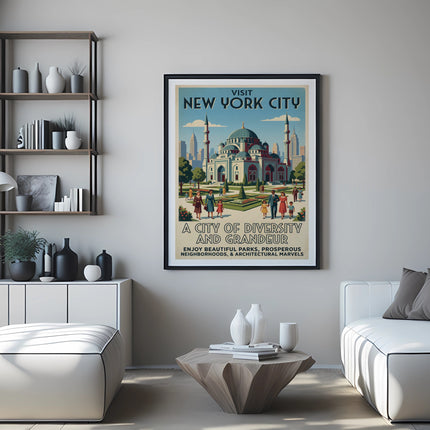 Vintage New York City poster with mosque, diverse people, and text.