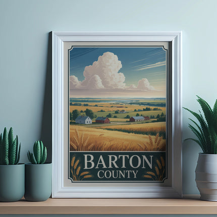 Framed artwork of Barton County landscape with wheat, farms, and clouds.