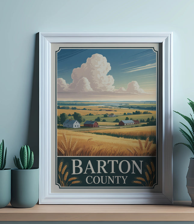 Framed artwork of Barton County landscape with wheat, farms, and clouds.