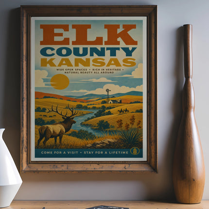 Vintage Elk County, Kansas travel poster with scenic landscape and text.