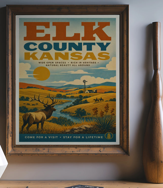 Vintage Elk County, Kansas travel poster with scenic landscape and text.