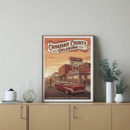 El Reno's Route 66 Diner with vintage car and Canadian County, Oklahoma text.