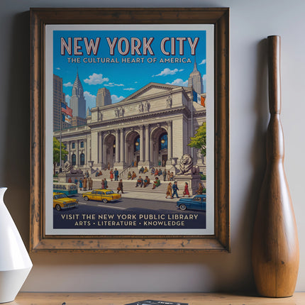 New York City vintage poster featuring the Public Library and text.
