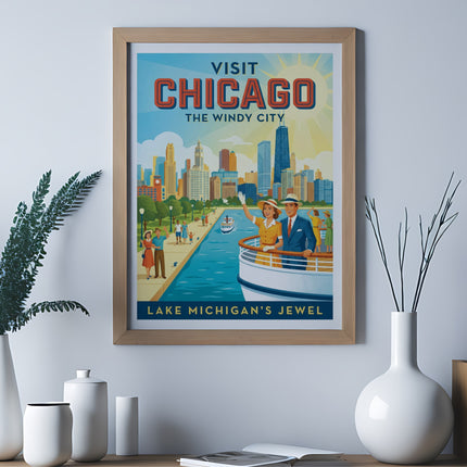 Vintage travel poster with "Visit Chicago The Windy City" and a harbor scene.