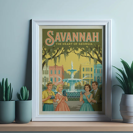 Framed vintage Savannah, Georgia travel poster featuring people and a fountain.