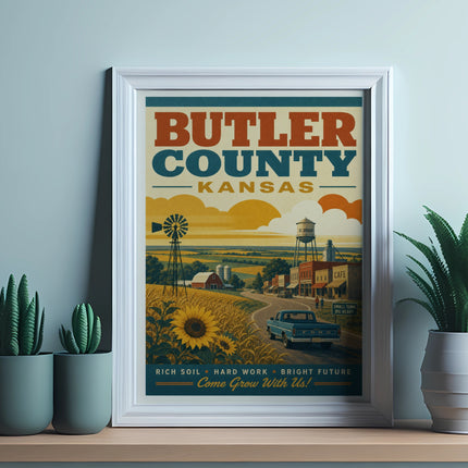 Vintage Butler County, Kansas poster with farm scene and "Come Grow With Us!" text.