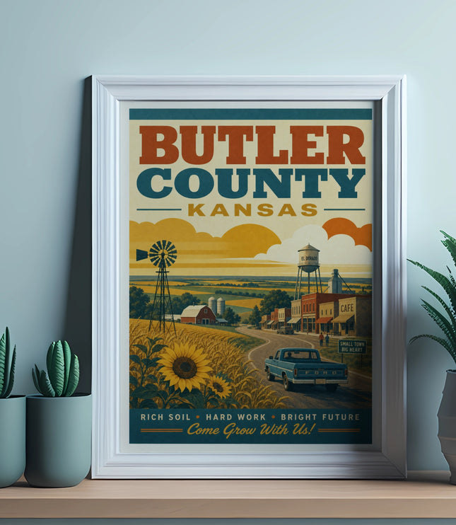 Vintage Butler County, Kansas poster with farm scene and "Come Grow With Us!" text.
