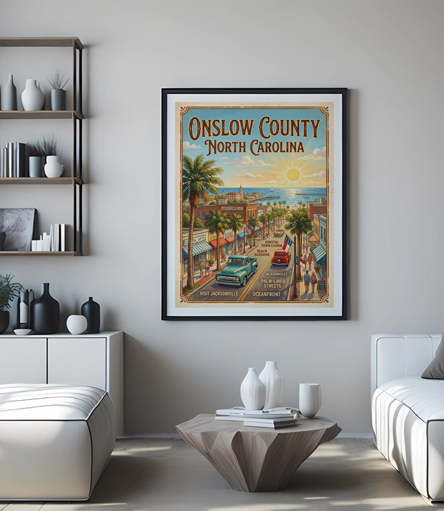 Vintage poster for Onslow County, North Carolina, featuring Jacksonville beachfront and palm-lined streets.