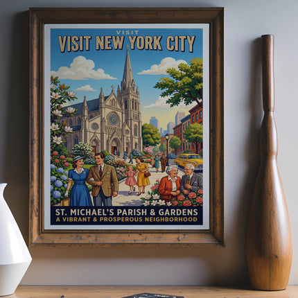 Vintage poster of St. Michael's Parish & Gardens in New York City.