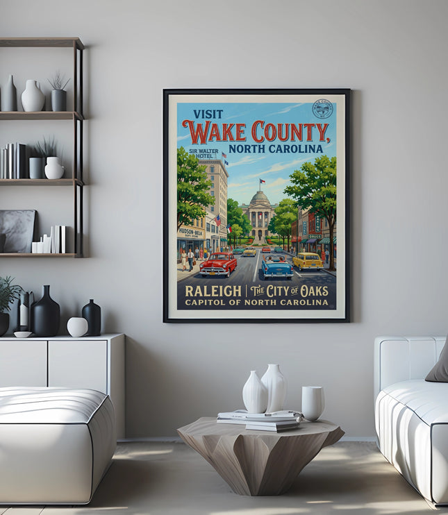 Vintage travel poster of Wake County, North Carolina, featuring Raleigh with buildings and cars.