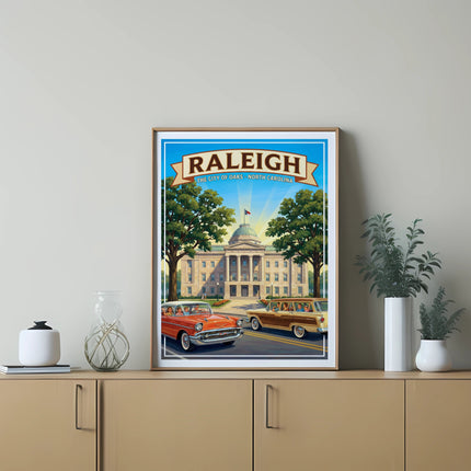 Raleigh, the City of Oaks - North Carolina vintage poster with cars and state capitol building.