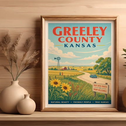 Greeley County Kansas vintage travel poster with windmills and sunflowers.