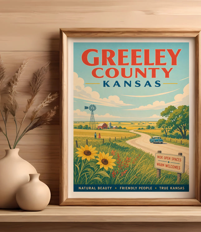 Greeley County Kansas vintage travel poster with windmills and sunflowers.