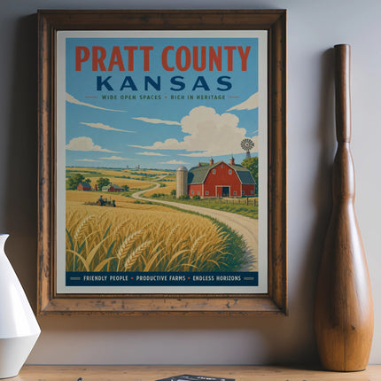 Pratt County Kansas poster showing a farm and wheat field.