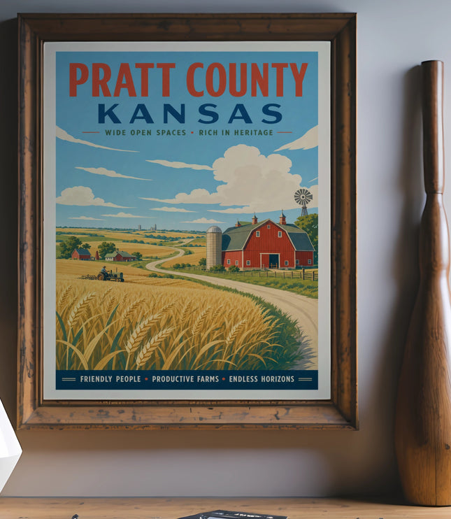 Pratt County Kansas poster showing a farm and wheat field.
