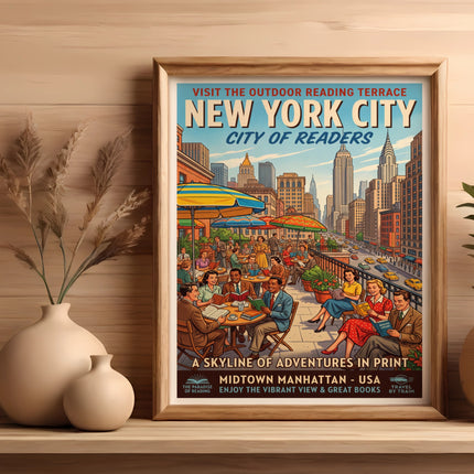 Vintage New York City outdoor reading terrace poster with skyline and people reading.