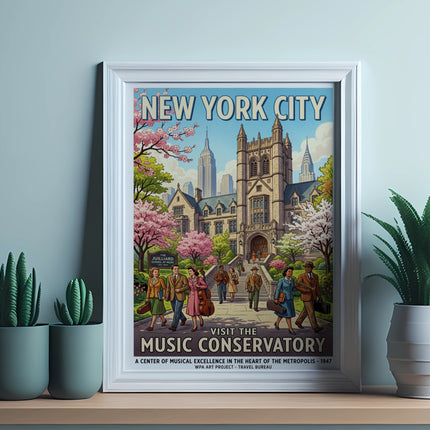 Vintage "New York City Music Conservatory" travel poster with The Juilliard School.