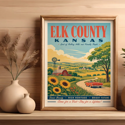 Elk County Kansas travel poster with fields, barn, car, and sunflowers.