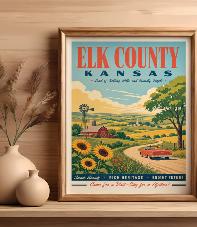 Elk County Kansas travel poster with fields, barn, car, and sunflowers.