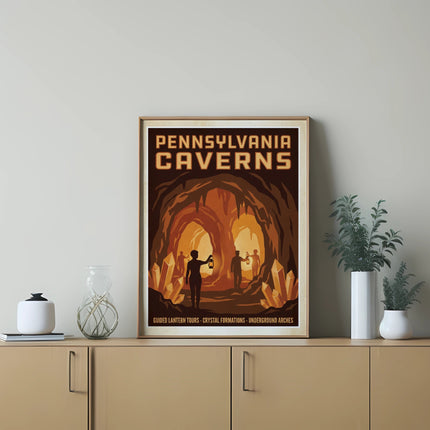 Pennsylvania Caverns poster showing people exploring illuminated caverns.