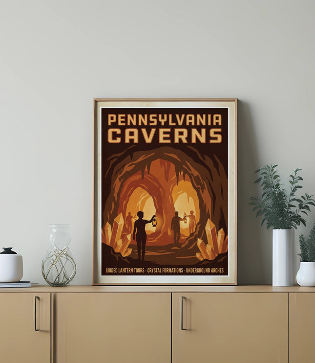 Pennsylvania Caverns poster showing people exploring illuminated caverns.