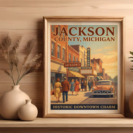 Jackson County, Michigan vintage movie poster with people and a retro car.