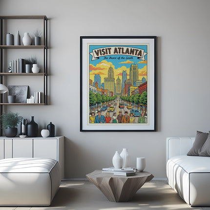 Vintage poster of Atlanta, Georgia, cityscape with people and cars.