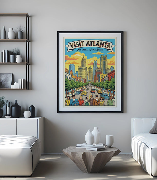 Vintage poster of Atlanta, Georgia, cityscape with people and cars.
