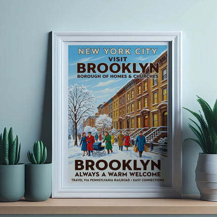 Vintage "Visit Brooklyn" travel poster showing people on a snowy street.