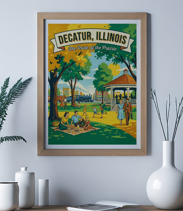 Vintage travel poster of Decatur, Illinois with banner and park scene.