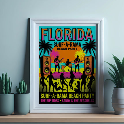 Florida Surf-a-Rama Beach Party poster with band and crowd.