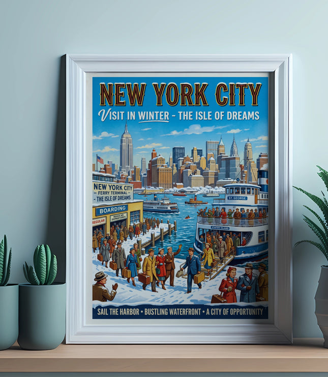 New York City winter ferry terminal travel poster with skyline and people.