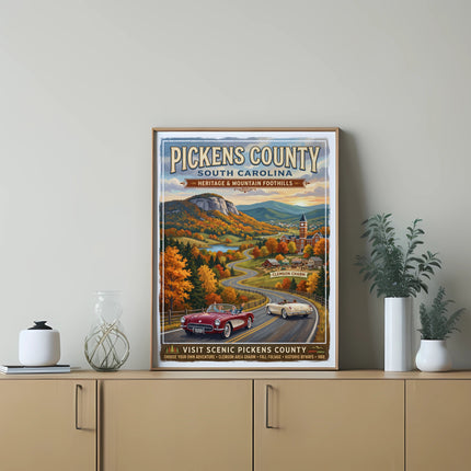 Pickens County, South Carolina vintage travel poster with falling leaves and classic cars.